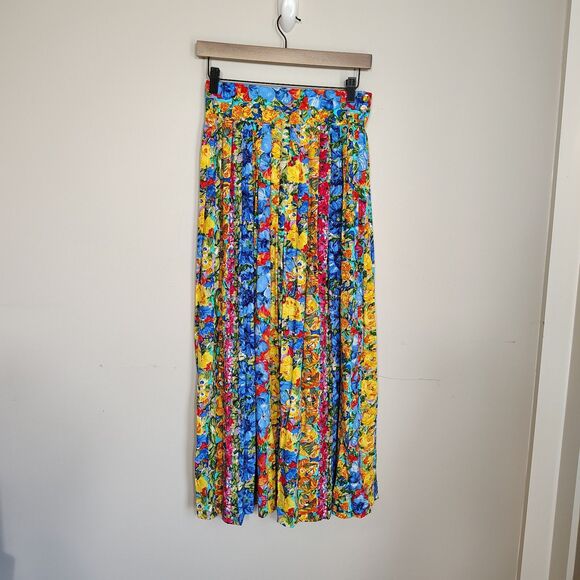 Vtg 80s 90s Floral Pleated Midi Maxi Skirt High Waist Colorful Bright Garden 8 - Picture 1 of 9